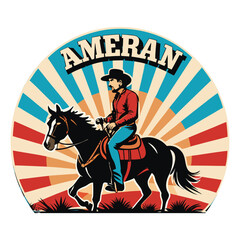 Retro Cowboy on Horseback with Sunburst and "Ameran" Text