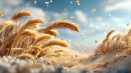Golden Wheat Field Under a Bright Blue Sky with Soft Breeze