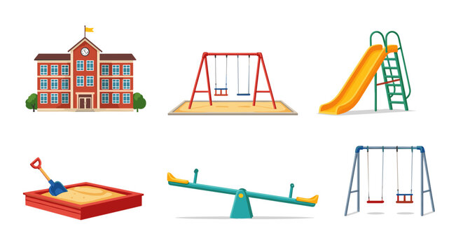 Illustration of a school building with playground equipment including swings and a slide and sandbox