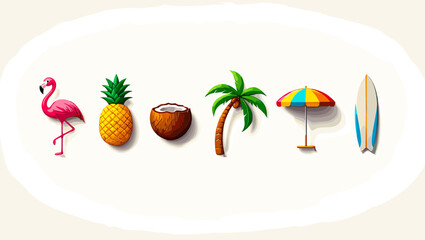 Fototapeta premium Illustration of flamingo pineapple coconut palm tree sun umbrella and surfboard on a white background scene