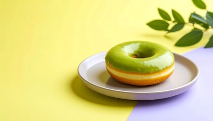 A glazed green donut sits on a plate against a colorful background with foliage.