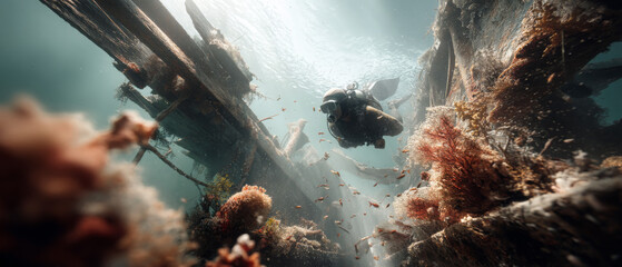 Underwater Exploration of a Shipwreck with Marine Life Interaction