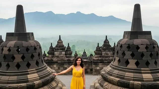 Woman at Borobudur Temple with Java.