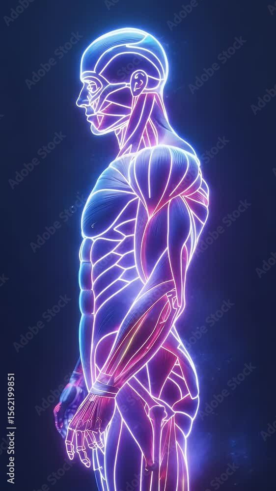 Poster anatomical 3d rendering of the human body illuminated with neon outlines against a dark blue backgro