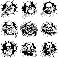 Fototapeta premium Skeleton Coming Out Of Wall SVG Bundle, Halloween Skulls SVG