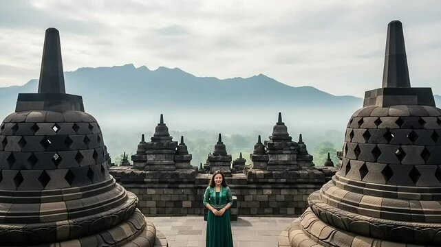 Woman at Borobudur Temple with Java.