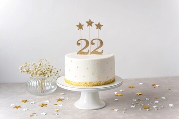 wedding cake with candles, Minimal white cake with “22” topper and tiny stars, isolated
