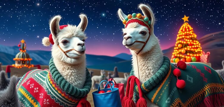 Two llamas in festive blankets, surrounded by colorful products, whimsical landscape, starry night, cute, cartoon