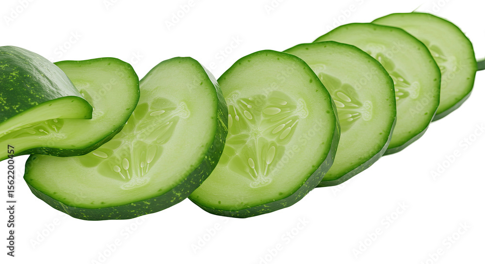 Poster Sliced cucumbers in a row showing seeds and green skin close up view