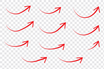 Collection hand drawn arrows. Set simple curved arrows isolated on white background. Collection of pointers. Vector illustration.