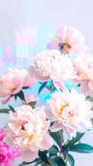 Fototapeta premium A bouquet of delicate, pale pink peonies blossoms, artfully arranged against a soft, pastel background.