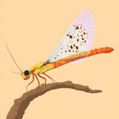 Dragonfly Illustration Art: Detailed Abstract Design of Orange and Yellow Insect Wings on Branch in Nature