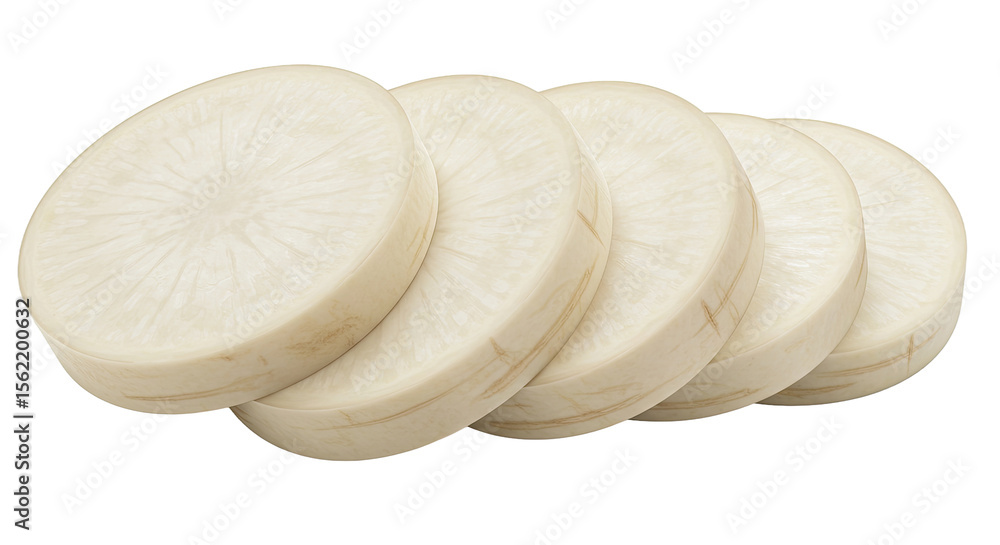 Poster sliced daikon radish pieces are neatly arranged in a row close together