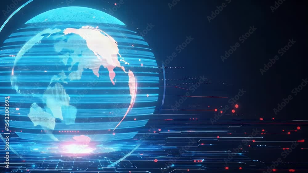 Poster digital globe with blue and red lights on dark background illustrating global network technology and