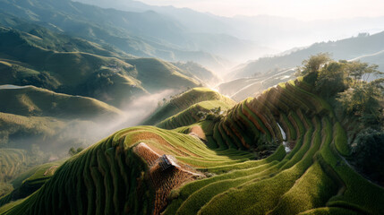 Lush Green Terraced Rice Fields Under Soft Morning Light