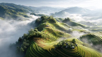 Serene Rice Terraces Amidst Misty Mountains at Sunrise in Asia