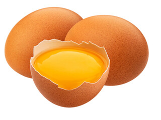 Isolated on white, a cracked brown egg reveals its fresh yellow yolk and white, a raw protein...