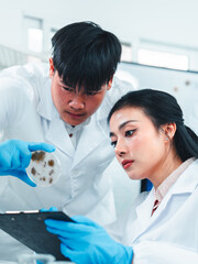 Young researchers collaborate on mold sample analysis in a science lab. The male scientist holds a petri dish while the female supervisor examines data. Team discovery and scientific breakthrough.