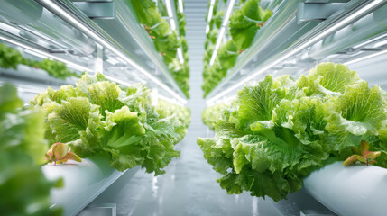 Fresh Green Lettuce Growing in Hydroponic Vertical Farming System