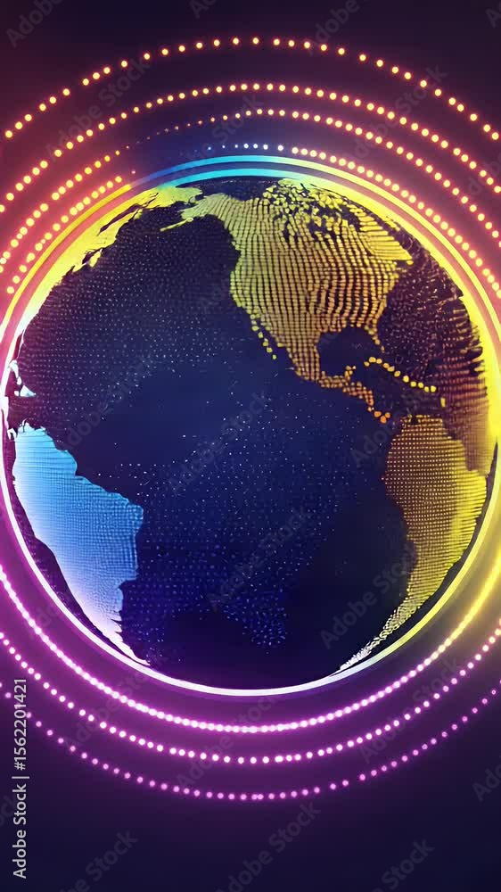 Poster animated earth globe with pixelated texture surrounded by glowing colorful rings on dark background 
