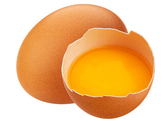 Isolated on a white background, a broken egg reveals its raw yolk and cracked shell, a fresh...