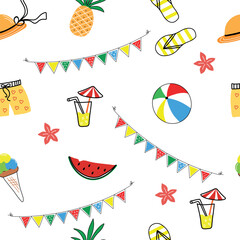 Summer beach seamless pattern with cartoon different beach elements: ball, cocktail, watermelon, pineapple, ice cream. Summer beach party concept. Template for wrapping paper, and children's textiles 