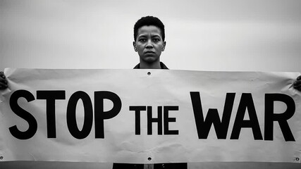 Person holding Stop the War banner.