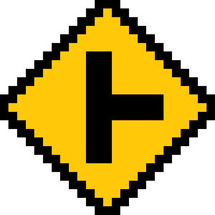 Pixel T-Junction Traffic Sign. Retro road sign icon