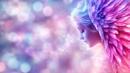 Ethereal Dream Serene Female Profile with Luminous Wings. Ideal Spiritual Background.