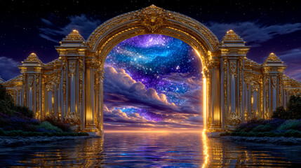 Golden Gate to Heaven Shimmering Cosmic Archway Reflecting Starry Sky and Clouds. Perfect Fantasy Art.