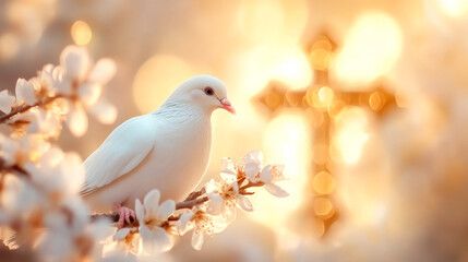 Symbol of Hope White Dove, Glowing Cross, Spring Blooms. Ideal Easter Design.
