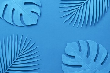 Monochrome Tropical Leaf Layout on Blue Background Artwork