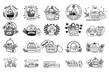 Monochrome assortment of World Food Day icons showcase basket filled with various food