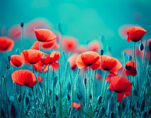Fototapeta premium Blooming red poppies in a field in spring in nature on a turquoise background with soft focu.jpg