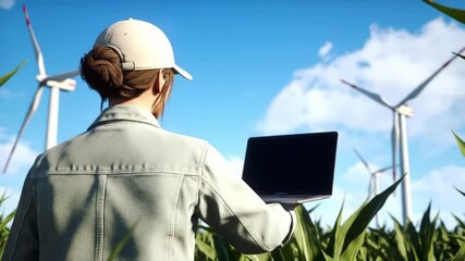 Woman with Laptop at Wind Farm Sustainable Energy Inspection Technology Integration - Powered by Adobe