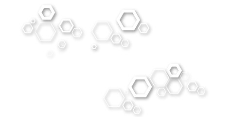 An abstract arrangement of interconnected hexagonal shapes in subtle white and light gray, with soft shadows, creating a minimalist and modern honeycomb-like pattern on a clean white background.