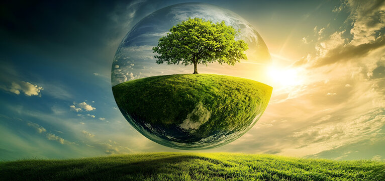 Mystical tree growing from sphere representing life and environmental harmony
