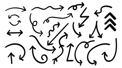 Collection of black handdrawn arrows pointing in various directions different styles and curves on a white background
