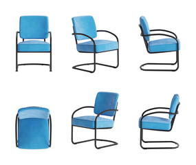 Set of six views of a contemporary office chair with a blue velvet cover and a black metal frame...