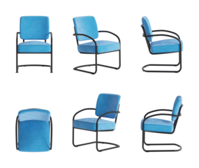 Set of six views of a contemporary office chair with a blue velvet cover and a black metal frame isolated on a transparent background. Front view, side views, top view, and perspective views.3d render