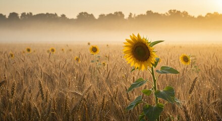 Sunflower in a wheat field at sunrise with a misty background