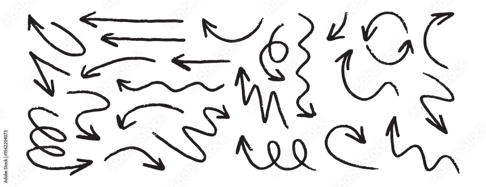 Poster a collection of various handdrawn black arrows pointing in different directions on a white backgroun