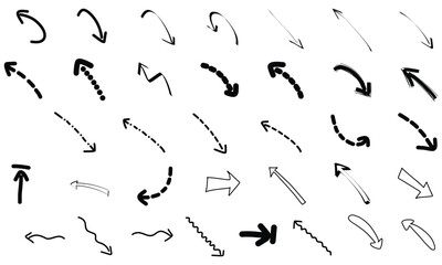 Varied collection of 35 sketched black arrows pointing different directions