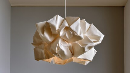 Modern white abstract pendant lamp made from folded fabric hanging from ceiling in minima room with neutral colored walls and ceiling lighting