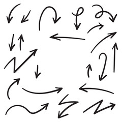 Multiple handdrawn black arrows point in various directions on a white background