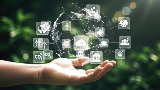 ESG in Hand Sustainable Business Concept with Green Energy and Environmental Protection Icons Rotating Above a Human Hand