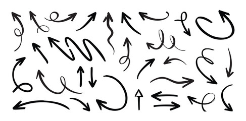 Assorted black handdrawn arrows point in varied directions styles and curvatures