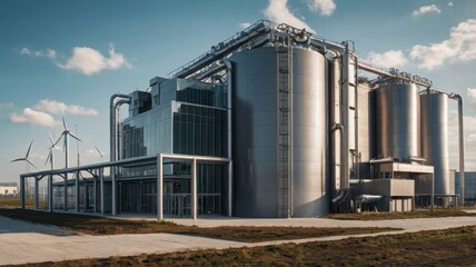 A large modern industrial factory with wind turbines in the background
