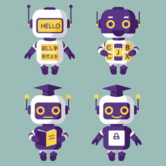 set illustration minimalist geometric flat vector design of mini language teaching robots