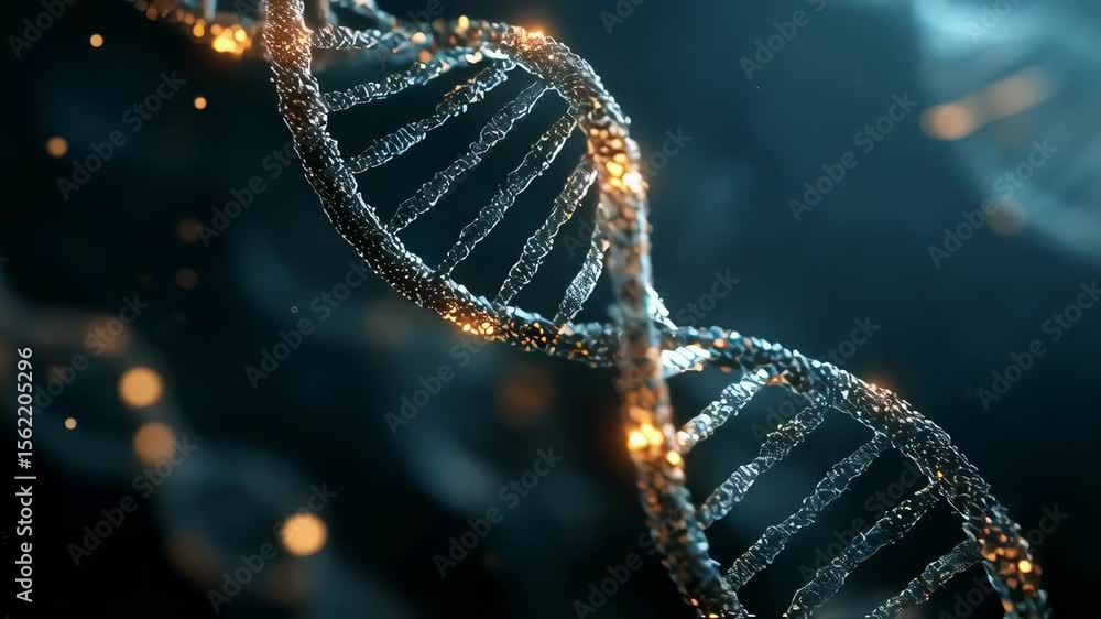 Poster rotating complex dna molecule showcasing its double helix structure, surrounded by glowing particles